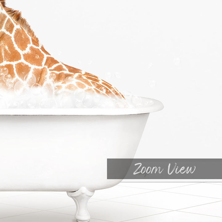 A giraffe is sitting in a white bathtub filled with water, creating a playful and whimsical scene.