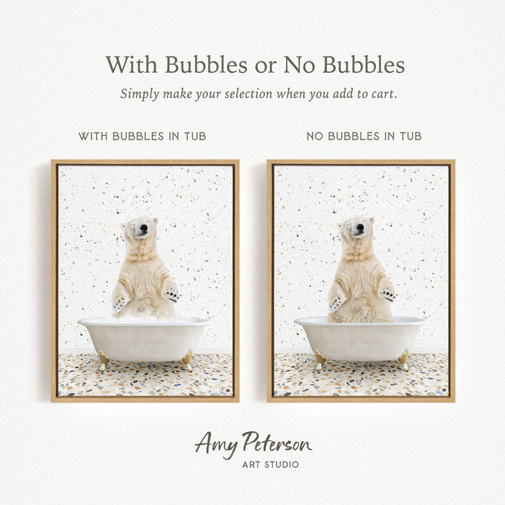 The image is a collage of two pictures featuring a polar bear sitting in a tub. The polar bear is either sitting in a tub with bubbles or without bubbles, depending on the viewer's interpretation. The image is labeled "With Bubbles or No Bubbles" and "With Bubbles in Tub" and "NO Bubbles in Tub" to indicate the different interpretations of the scene.