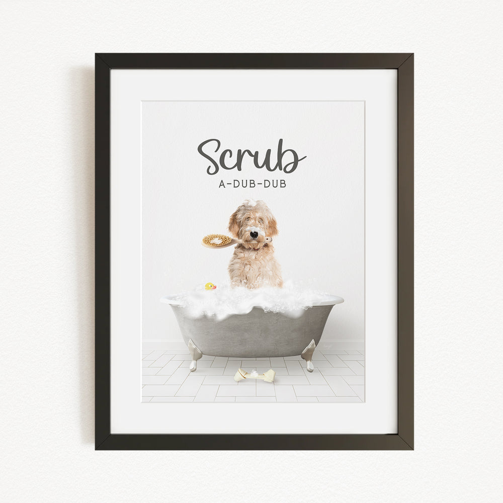 A dog sitting in a bathtub, holding a toy, with the text "Scrub A-DUB-DUB" above it.