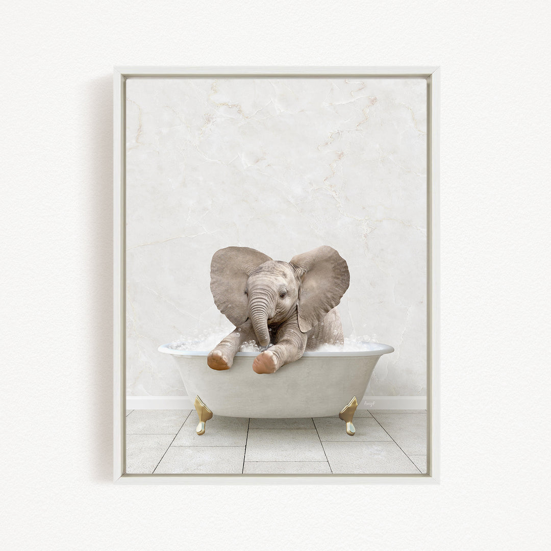 A baby elephant sitting in a white bathtub filled with water, appearing to enjoy the bath.