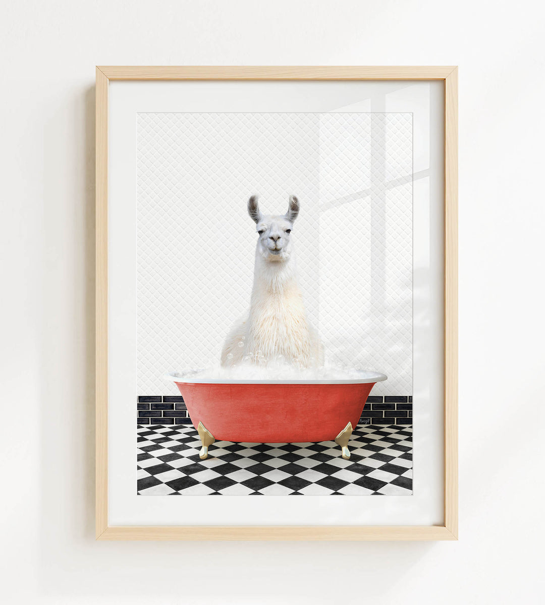 A white llama sitting in a red bathtub filled with bubbles, surrounded by a black and white checkered floor.
