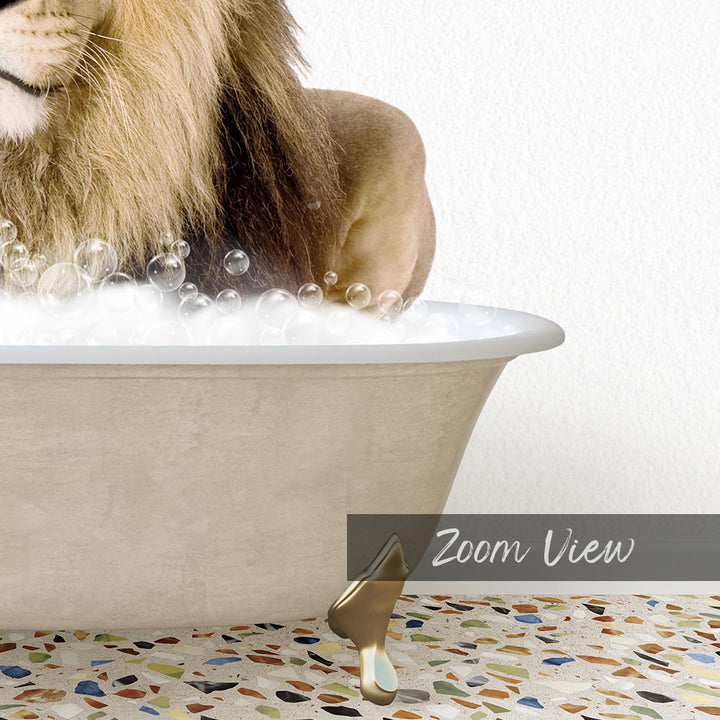 A lion is sitting in a bathtub filled with bubbles, creating a whimsical and playful scene.