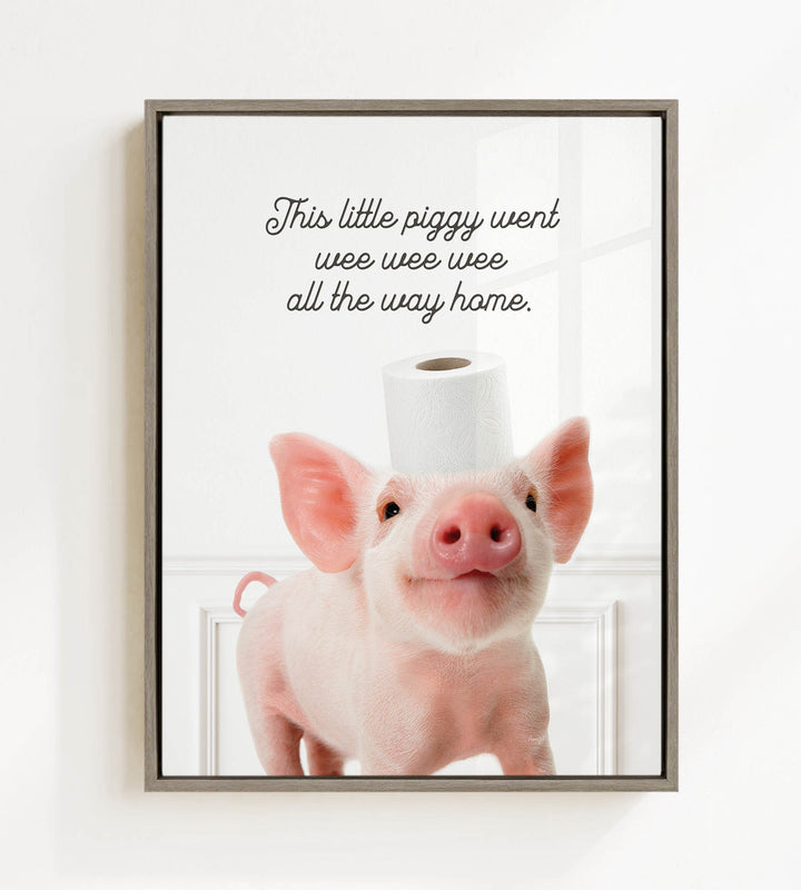 A cute pink pig standing on a white surface, with a roll of toilet paper on its head.
