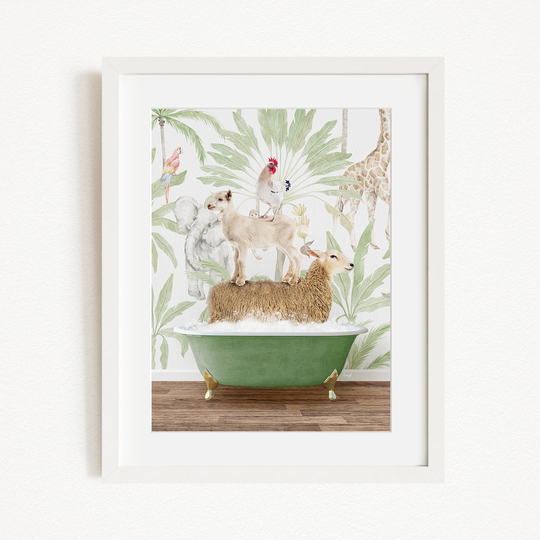 A framed illustration depicting a sheep standing on a green bathtub, surrounded by various animals such as a dog, cat, and giraffe, against a tropical wallpaper background.