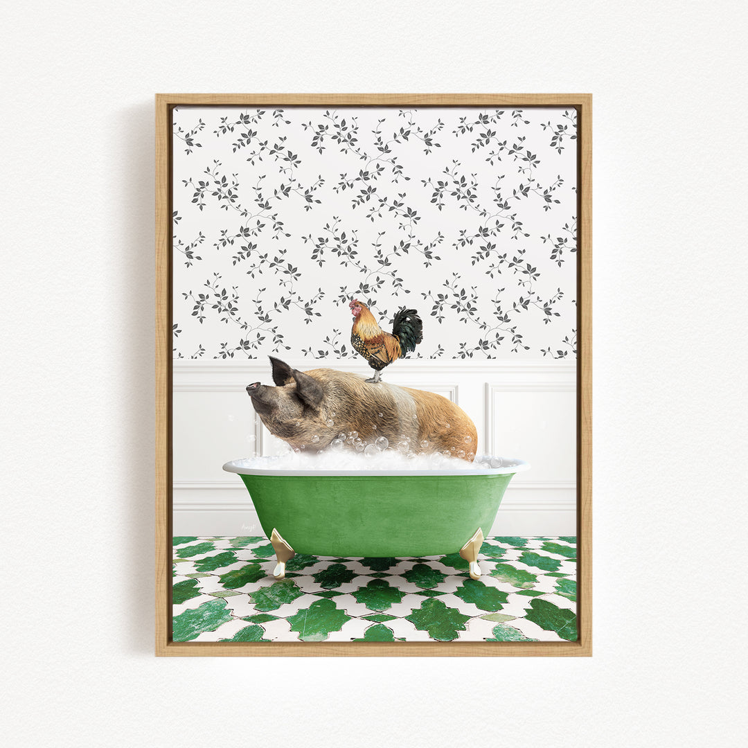 A rooster sits atop a pig in a green bathtub, surrounded by a patterned wall and green and white tiles.