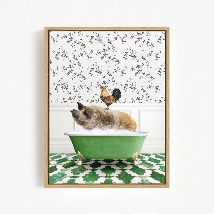 A rooster sits atop a pig in a green bathtub, surrounded by a patterned wall and green and white tiles.