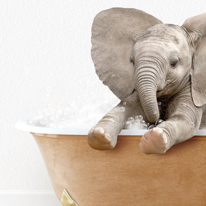 a baby elephant taking a bath in a bathtub