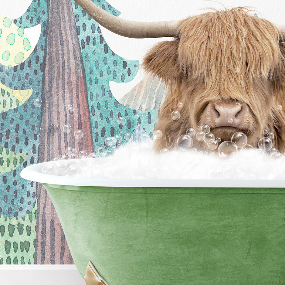 a hairy cow is taking a bath in a green bowl