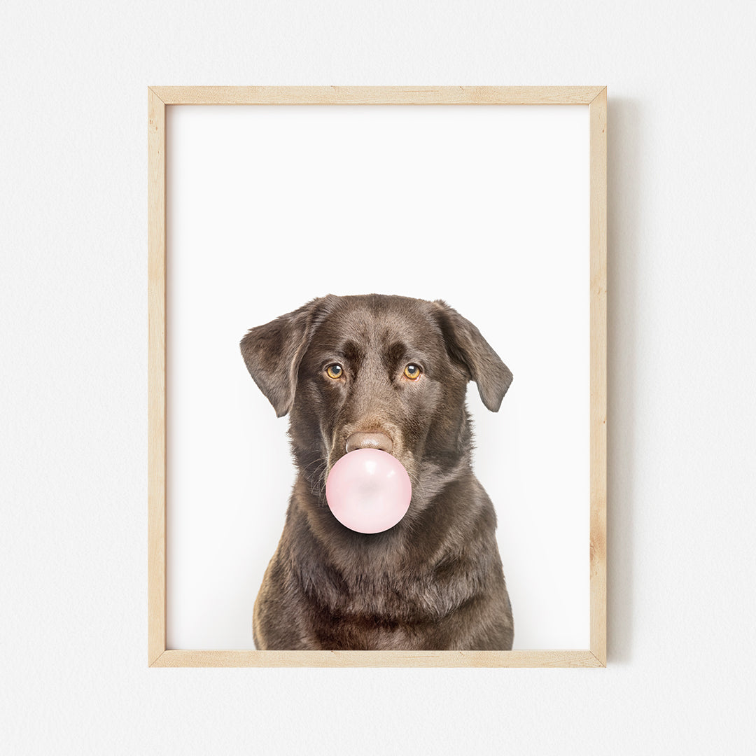 a black dog with a pink bubble in its mouth