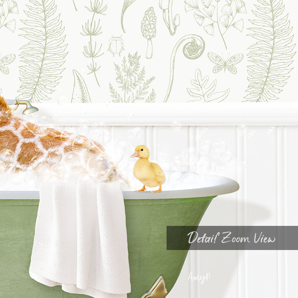 A giraffe is standing in a bathtub filled with bubbles, with a small yellow duck sitting on the edge of the tub.