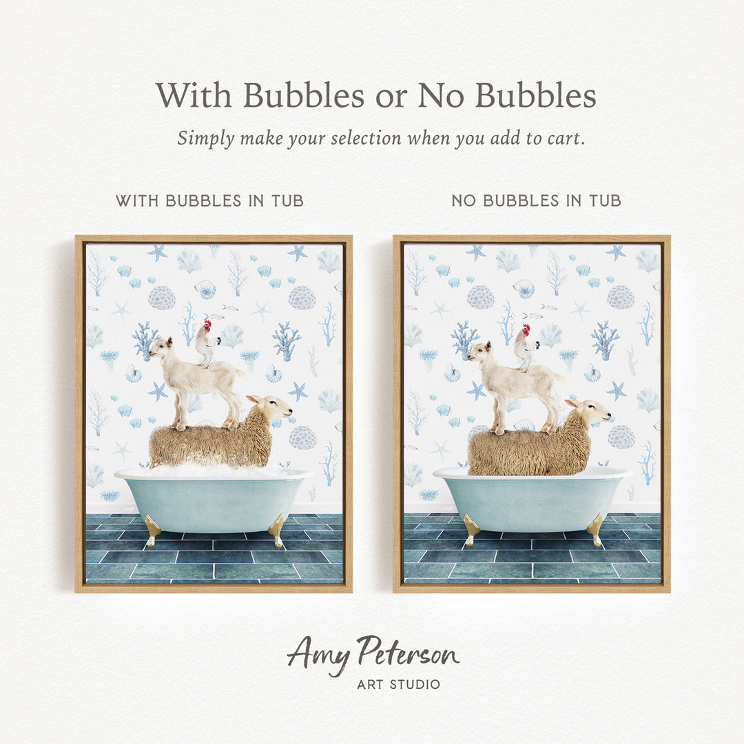 The image is a collage of two framed pictures, each depicting a sheep standing on a bathtub. The text above the images reads "With Bubbles or No Bubbles" and below the images, it says "Simply make your selection when you add to cart."
