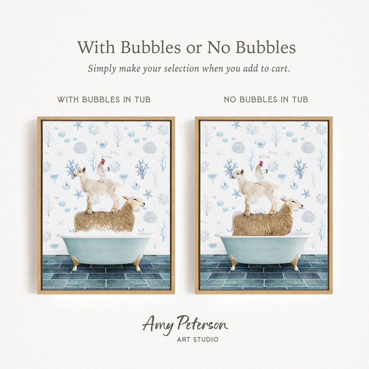 The image is a collage of two framed pictures, each depicting a sheep standing on a bathtub. The text above the images reads "With Bubbles or No Bubbles" and below the images, it says "Simply make your selection when you add to cart."