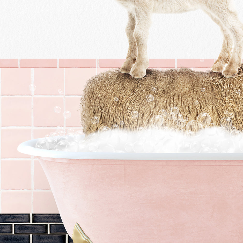 a goat standing on top of a bathtub filled with foam