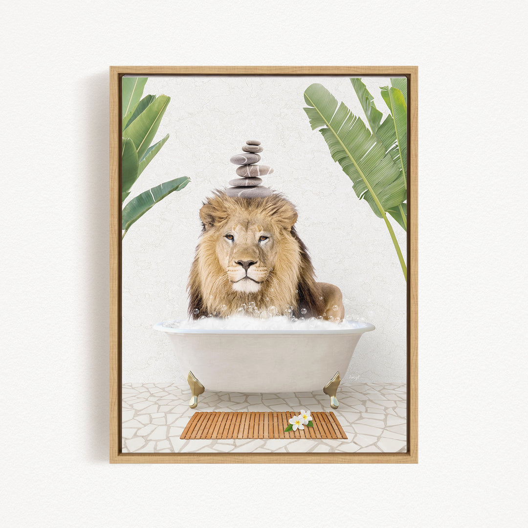 A lion is sitting in a bathtub filled with water, surrounded by palm leaves, with a stack of stones on top of the tub.