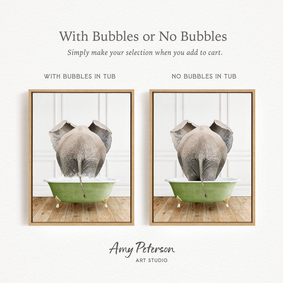 The image is a collage of two framed pictures, each depicting an elephant in a bathtub. The elephant in the left frame has bubbles in the tub, while the elephant in the right frame does not have bubbles in the tub. The text above the images reads "With Bubbles or No Bubbles Simply make your selection when you add to cart."
