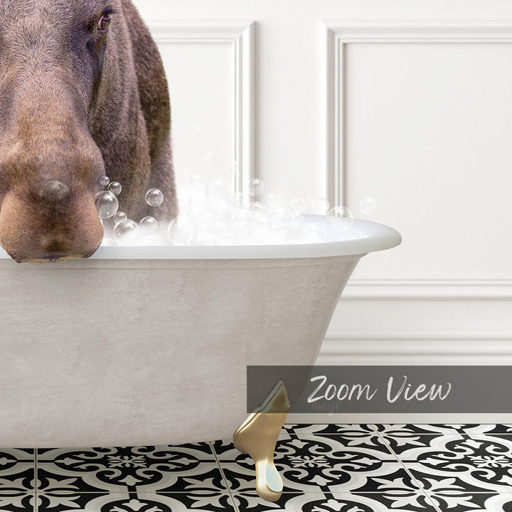 A close-up of a dog's face peeking out of a bathtub filled with bubbles, with a text overlay that reads "Zoom View".