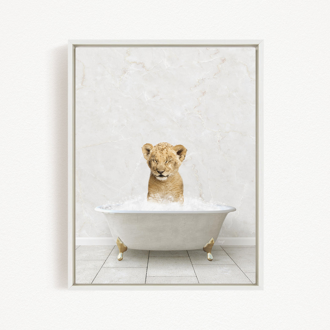 A young lion cub sitting in a white bathtub filled with water, looking up at the camera.