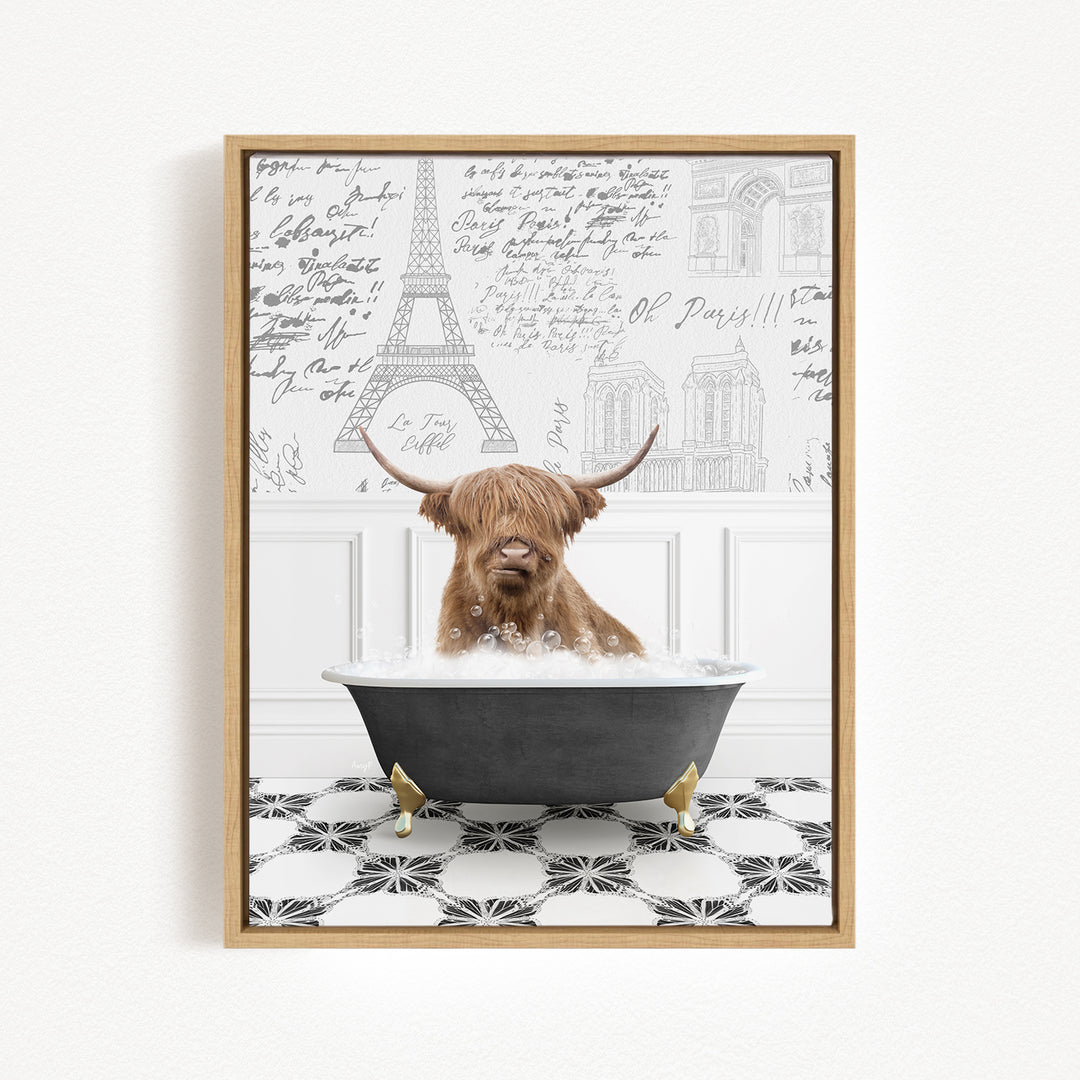 A brown cow with horns is sitting in a bathtub filled with bubbles, surrounded by a black and white tiled floor and a wall with various inscriptions and drawings.