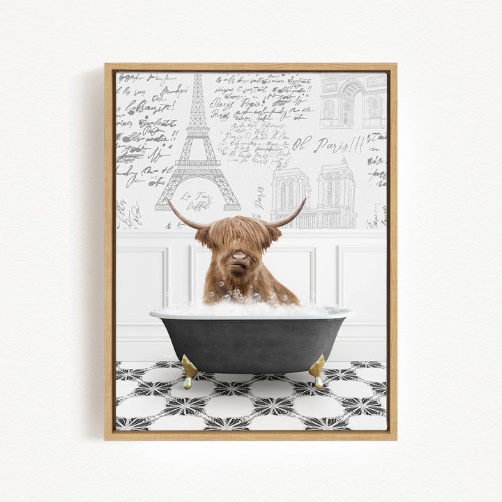 A brown cow with horns is sitting in a bathtub filled with bubbles, surrounded by a black and white tiled floor and a wall with various inscriptions and drawings.