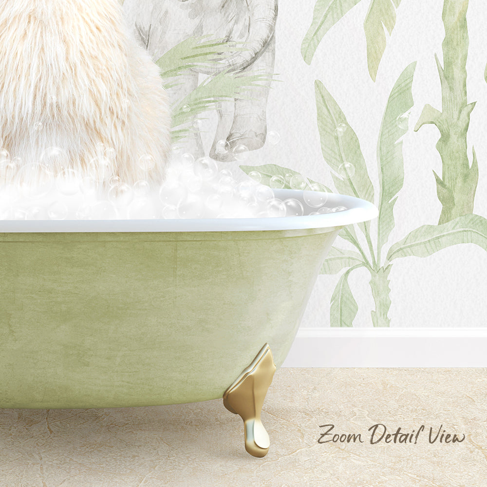 A white cat sitting in a green bathtub filled with bubbles, with a green and white tropical wallpaper in the background.