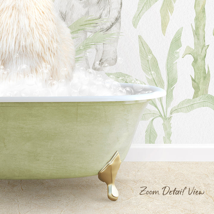 A white cat sitting in a green bathtub filled with bubbles, with a green and white tropical wallpaper in the background.