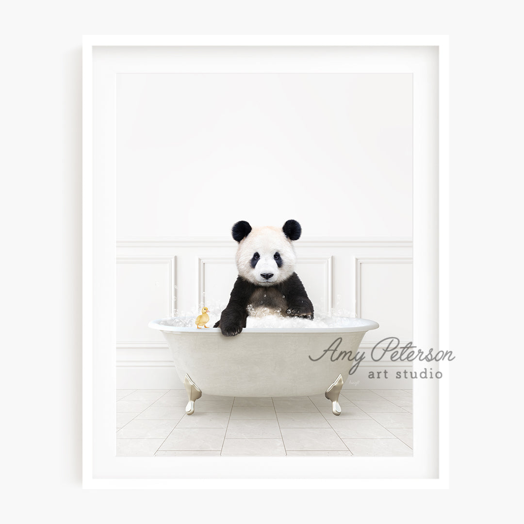 a panda bear is sitting in a bathtub