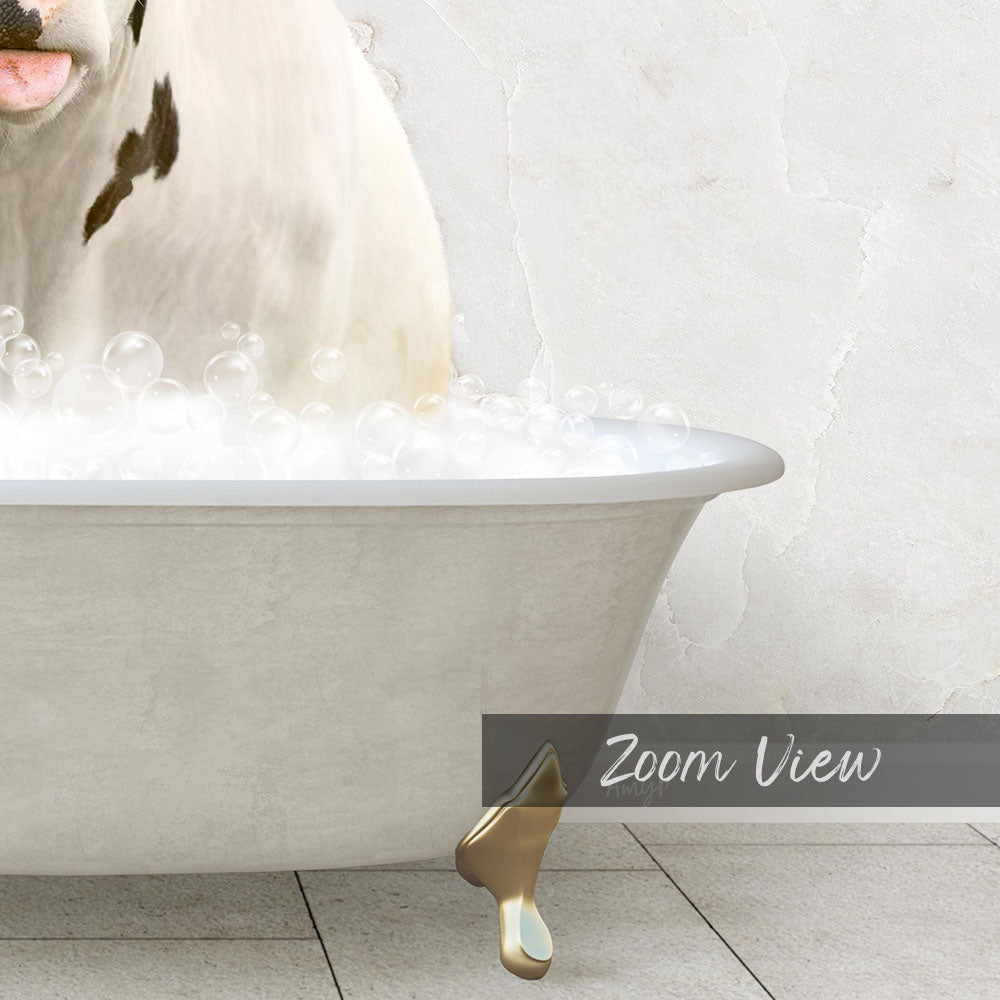 A white bathtub filled with bubbles, with a dog standing inside it.