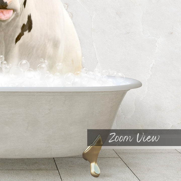 A white bathtub filled with bubbles, with a dog standing inside it.