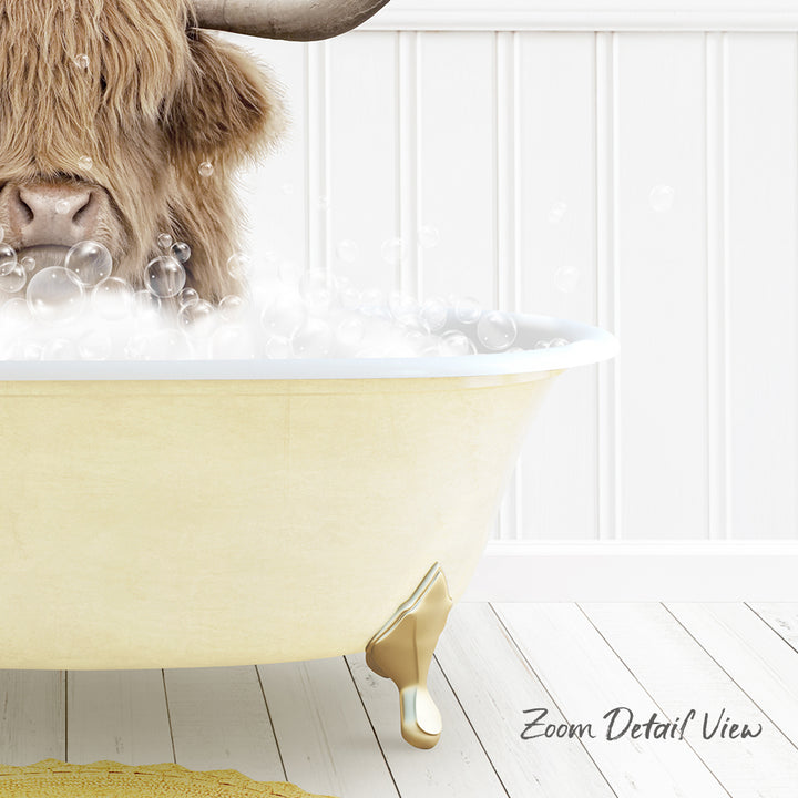 A close-up of a cow's head in a bathtub filled with bubbles, with the text "Zoom Detail View" at the bottom.