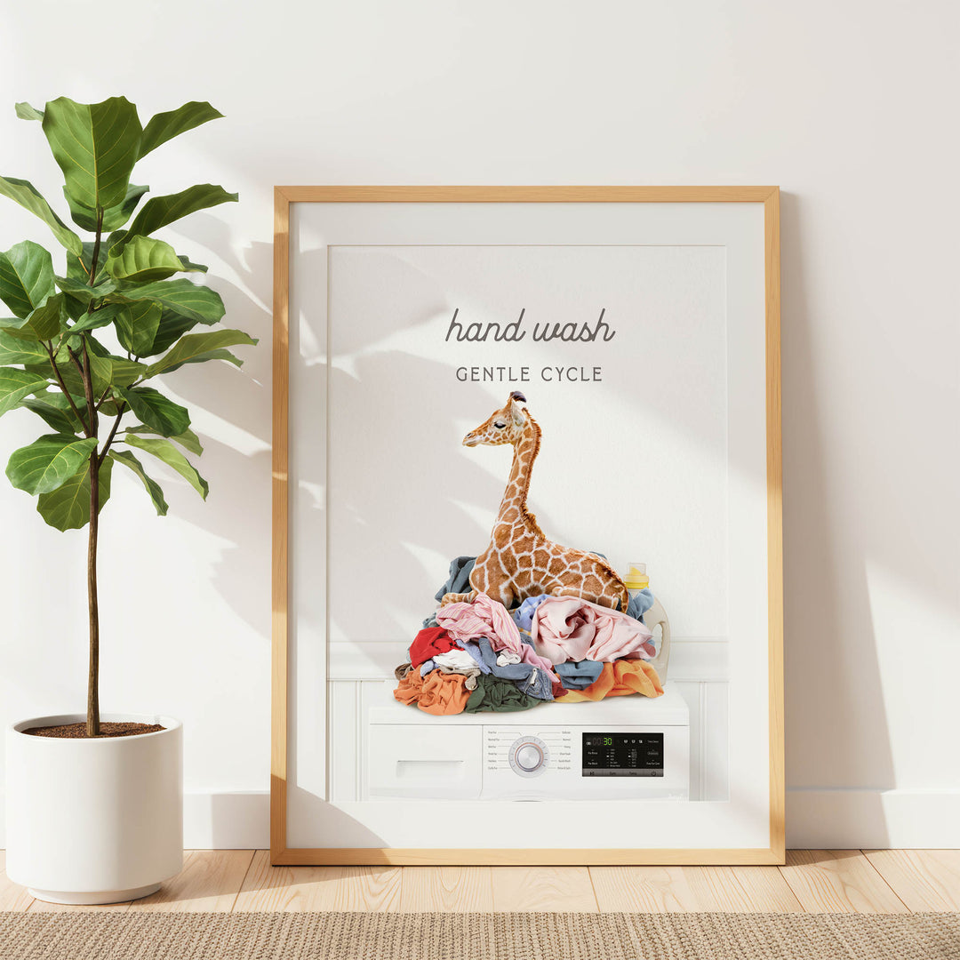 a giraffe sitting on a pile of clothes, with the text "hand wash gentle cycle" displayed above it.