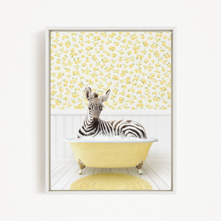 A zebra is sitting in a yellow bathtub, surrounded by a yellow floral pattern on the wall behind it.