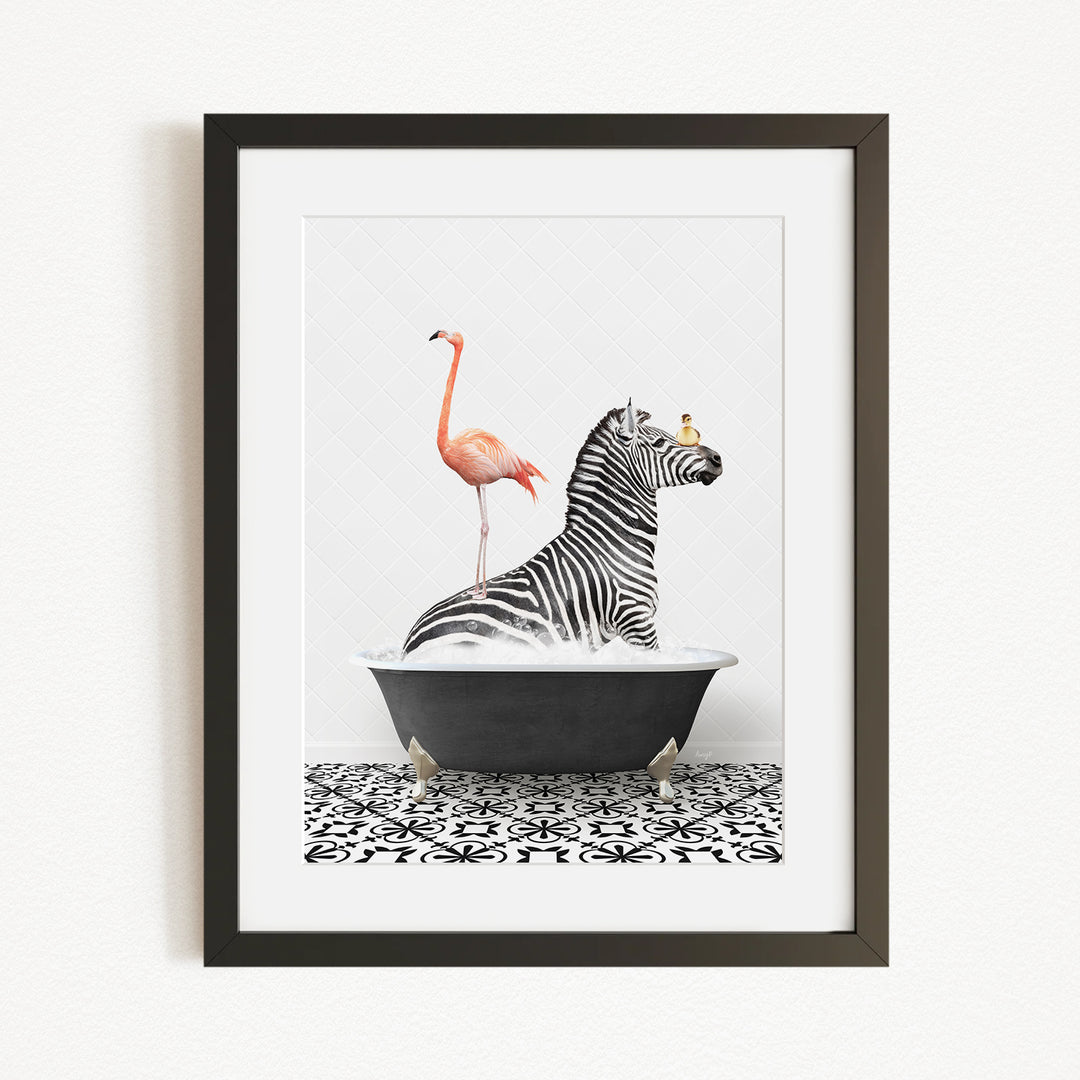 A framed image depicting a zebra sitting in a bathtub, with a flamingo standing on its back and a bird perched on its head.