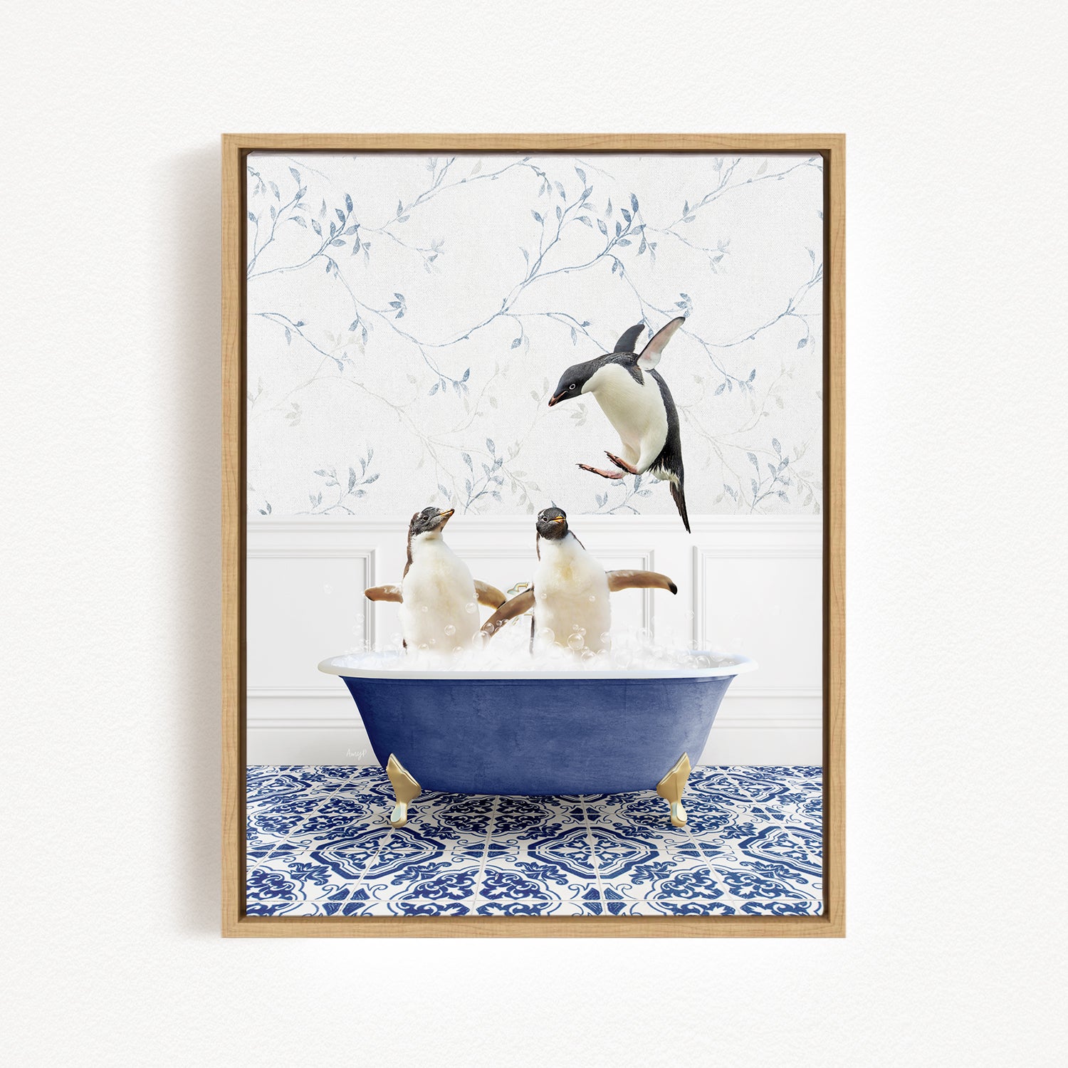 Penguins in Eclectic Blue Bath – Amy Peterson Art Studio