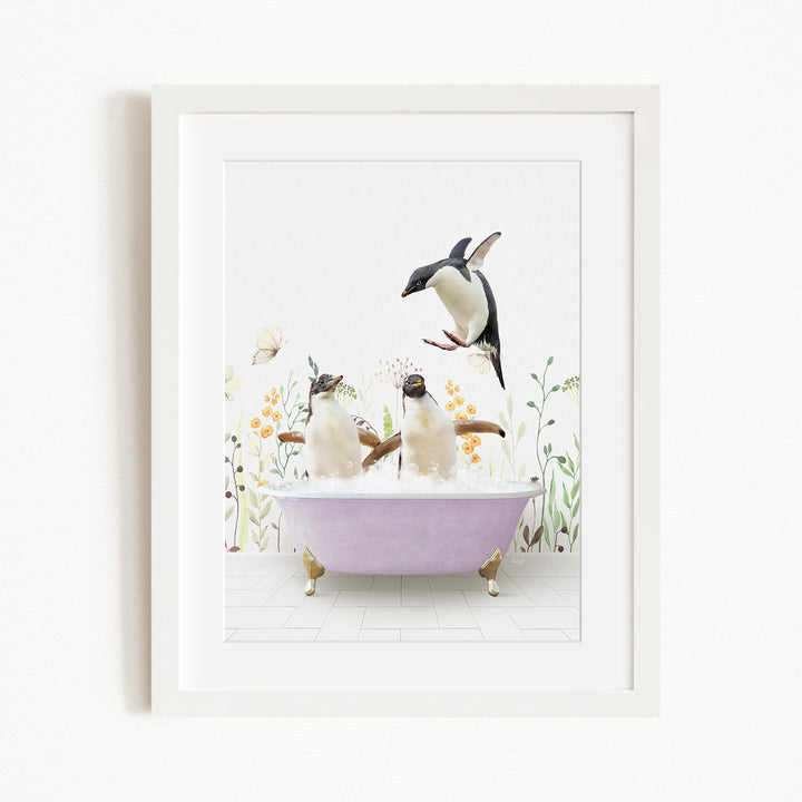A framed image depicting two penguins sitting in a bathtub, surrounded by flowers and butterflies.
