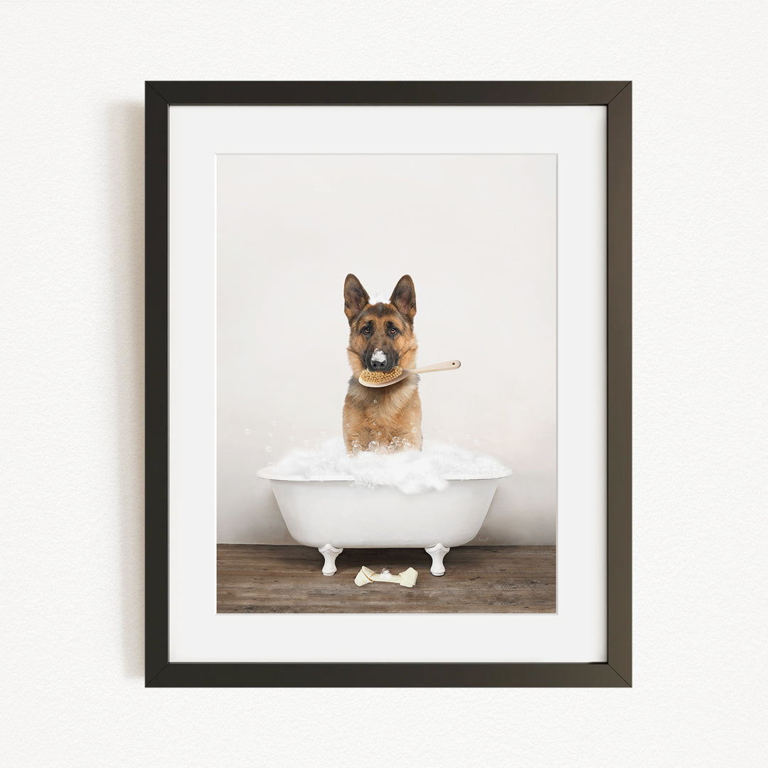 A German Shepherd dog sitting in a white bathtub filled with bubbles, with a toothbrush in its mouth.