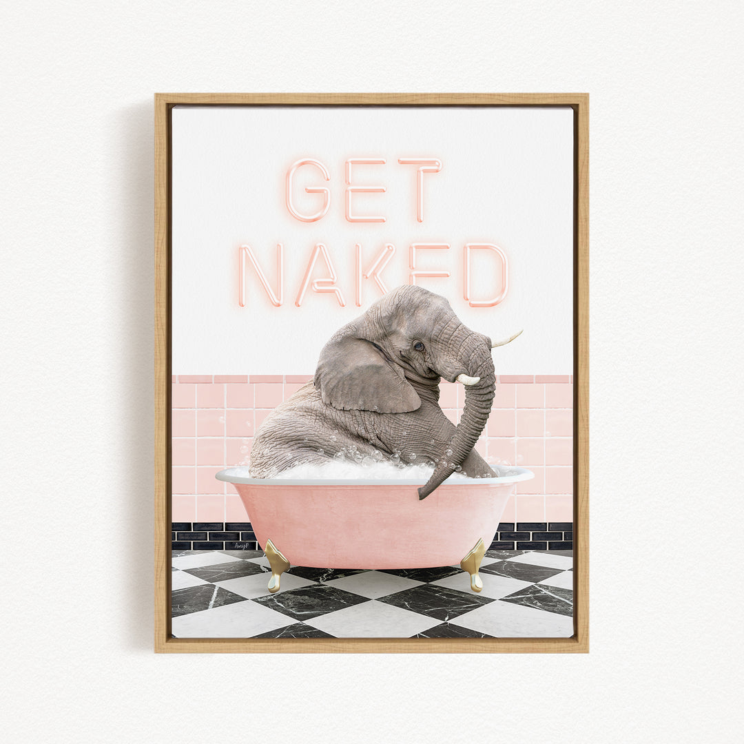 A framed image depicting a gray elephant sitting in a pink bathtub, with the text "GET NAKED" displayed above it.