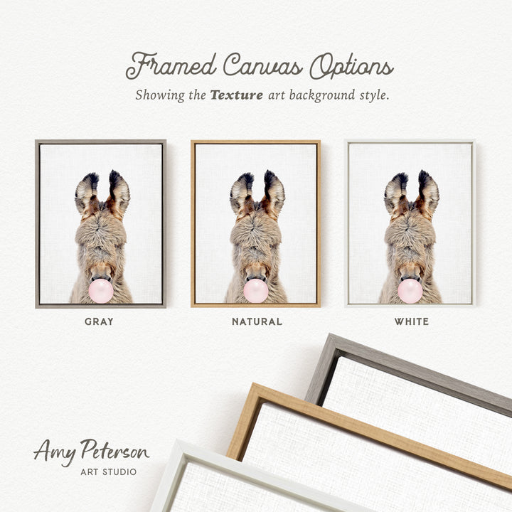 three framed canvas options, each with a different background color: gray, natural, and white. The text above the images reads " Framed Canvas Options" and "Showing the Texture art background style." The text below the images reads " Amy Peterson ART STUDIO".