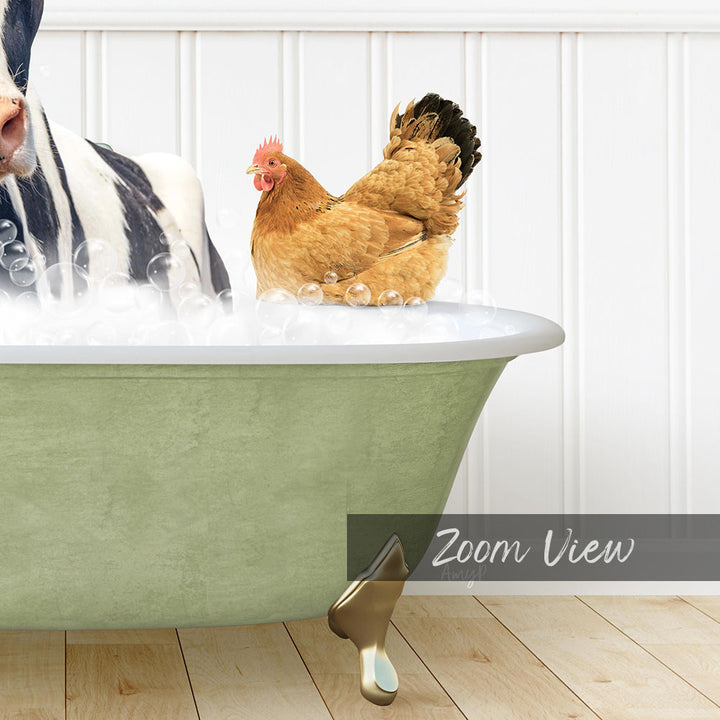 A chicken is sitting in a bathtub filled with water, surrounded by bubbles, while a zebra is standing nearby.
