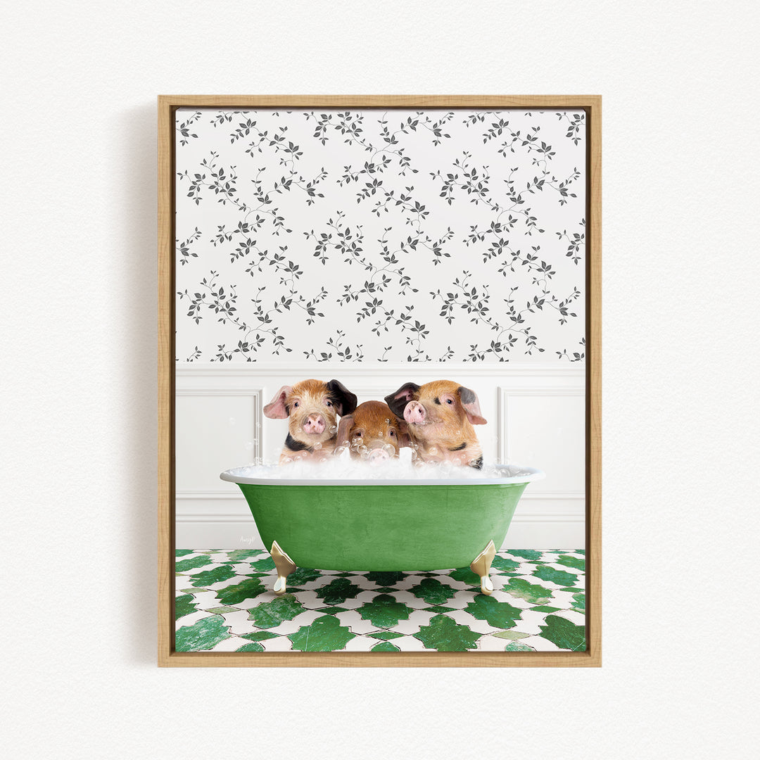 Three adorable pigs sitting in a green bathtub, surrounded by a patterned wall and a green and white checkered floor.
