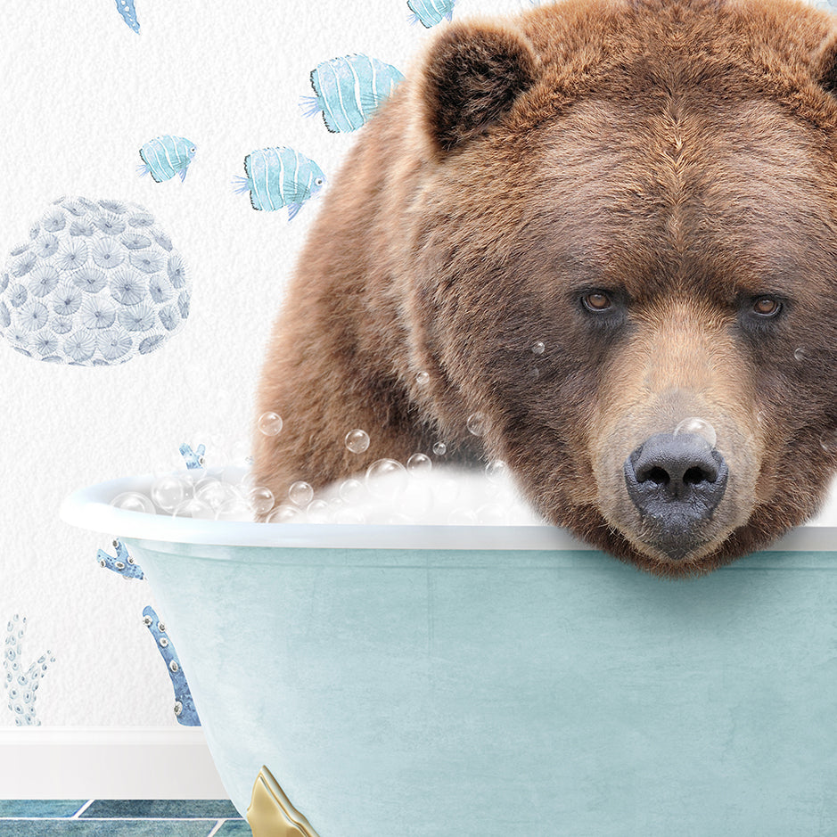 a large brown bear sitting in a bath tub