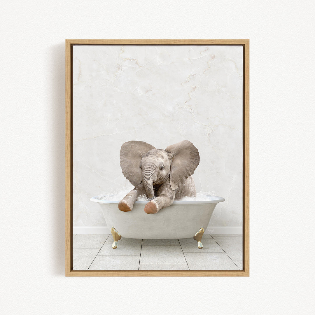 A baby elephant sitting in a white bathtub filled with water, appearing to enjoy the bath.