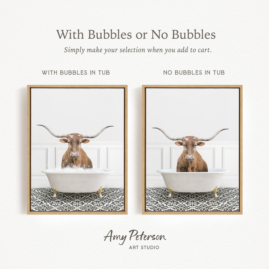 The image is a collage of two framed pictures, each depicting a bull with horns in a bathtub. The bull in the tub has bubbles, while the bull in the tub without bubbles is shown in a plain white bathtub.