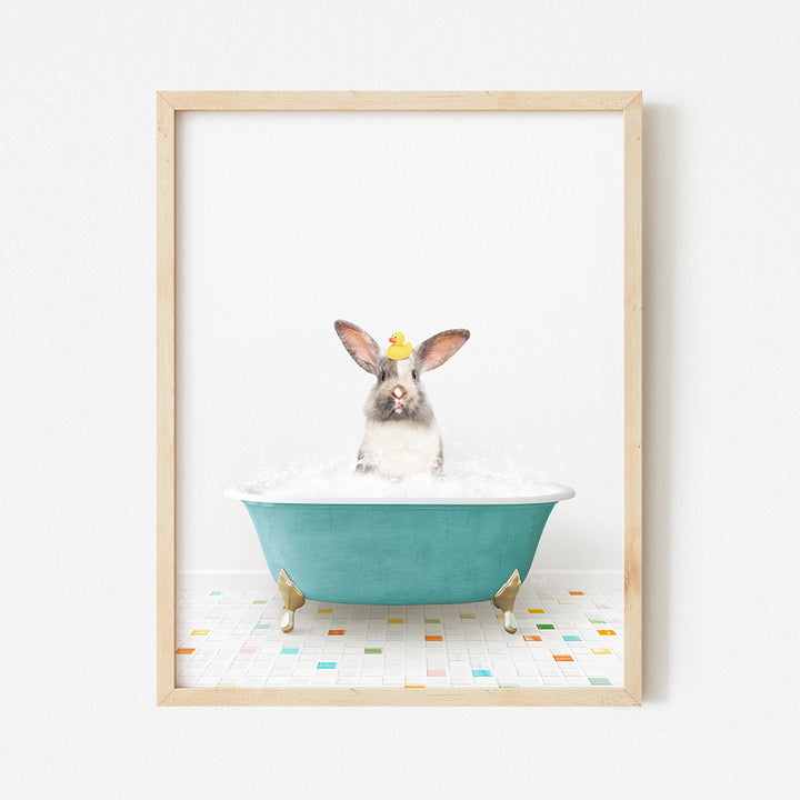 a bunny in a bathtub with a flower in it's hair