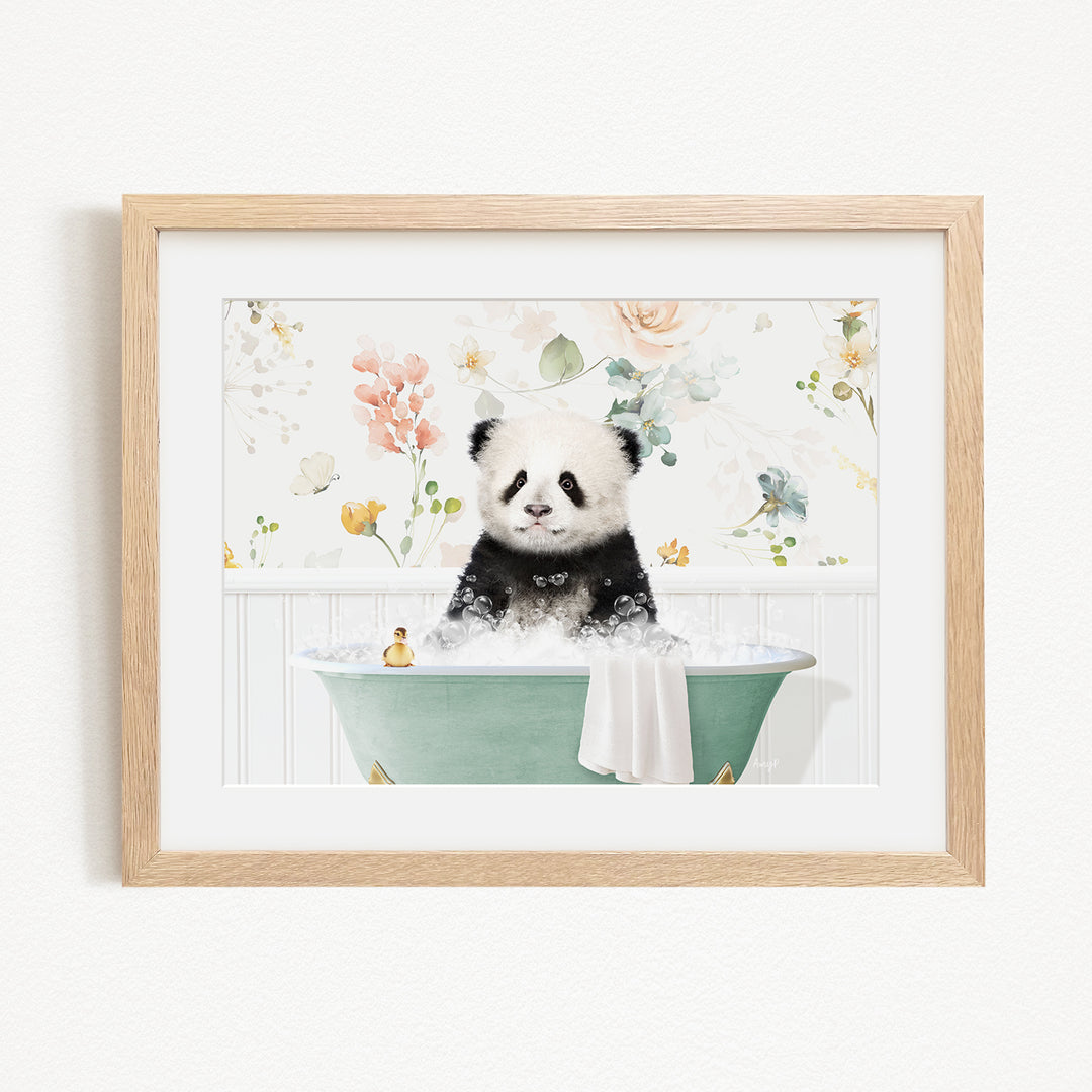 A panda bear sitting in a green bathtub filled with bubbles, surrounded by a floral background.
