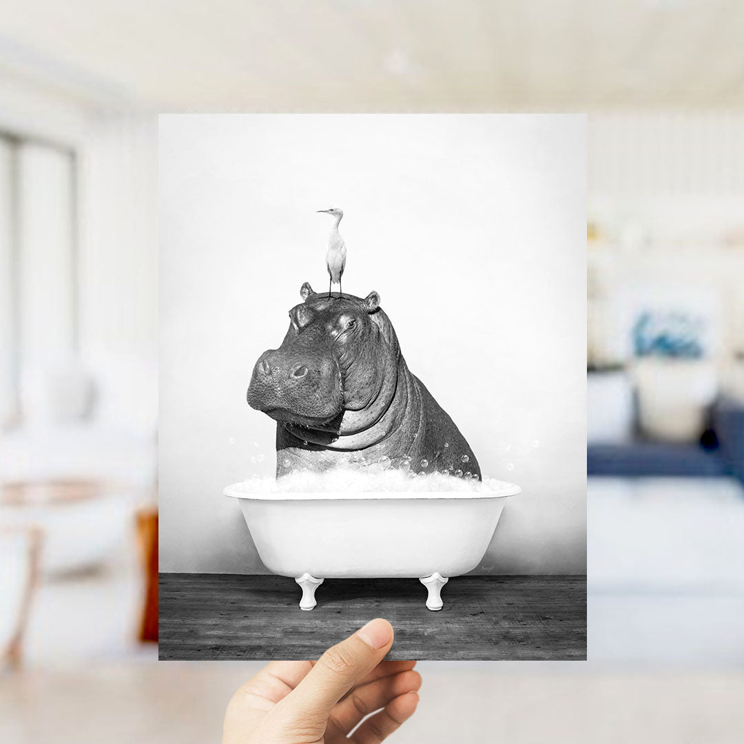 A hand holds up a black and white photograph of a hippopotamus sitting in a bathtub, with a bird perched on its head.