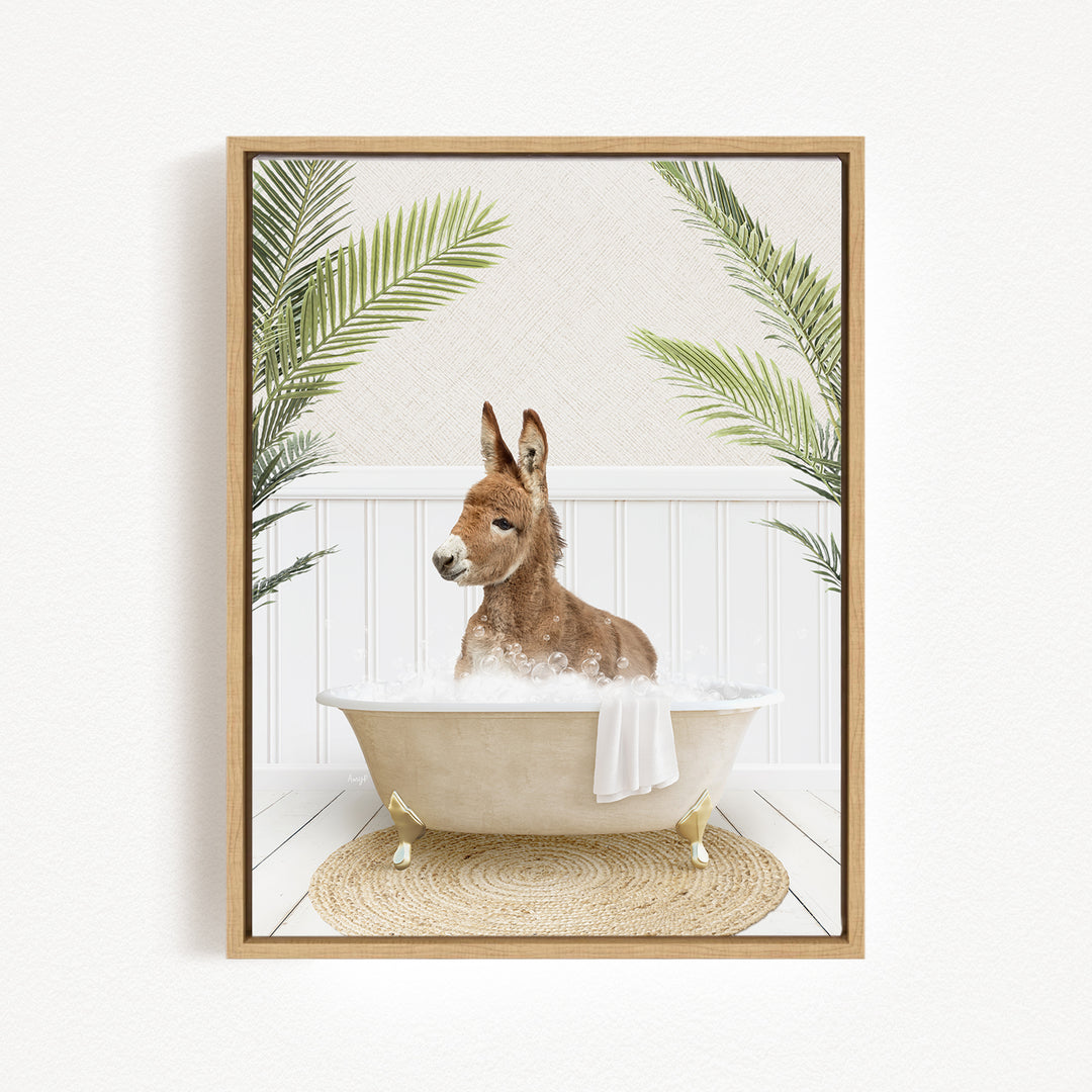 A donkey is sitting in a bathtub filled with water, surrounded by palm leaves, creating a whimsical and playful scene.