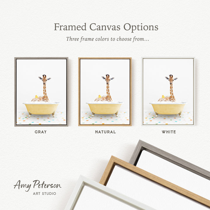 three framed canvas options, each featuring a giraffe in a bathtub. The options include a gray frame, a natural frame, and a white frame. The text above the images reads " Framed Canvas Options" and "Three frame colors to choose from...".
