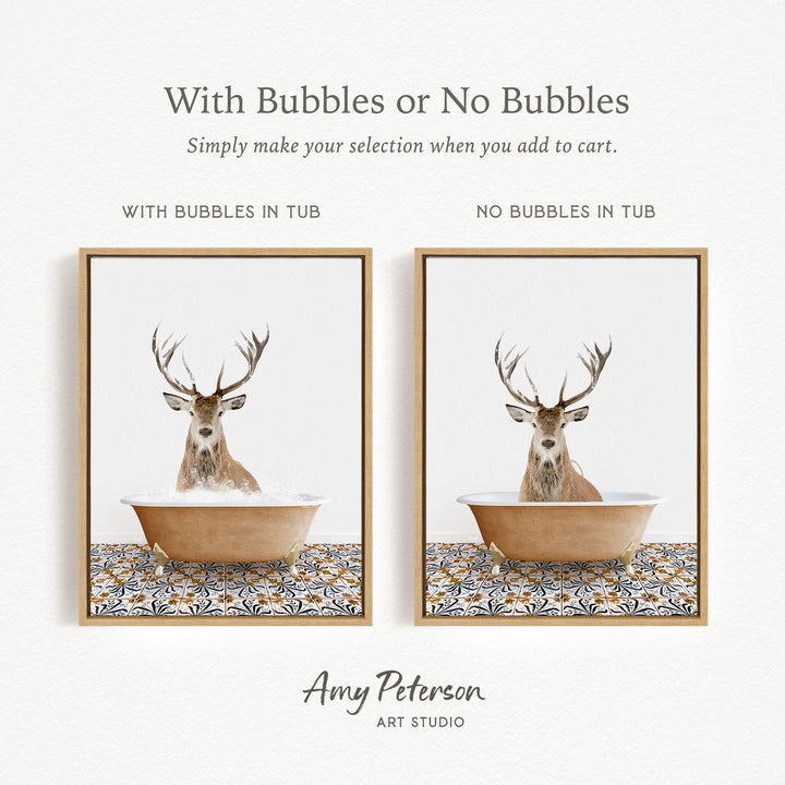 The image is a collage of two pictures featuring a deer in a bathtub. The deer has antlers and is sitting in a tub with bubbles, while the other deer is sitting in a tub without bubbles. The text above the images reads "With Bubbles or No Bubbles Simply make your selection when you add to cart."