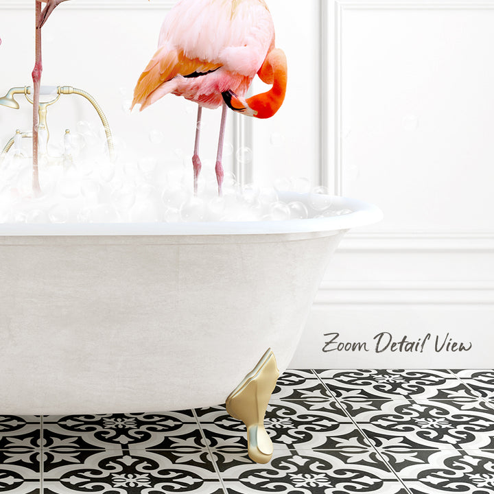 A pink flamingo standing in a white bathtub filled with bubbles, with a black and white patterned floor in the background.