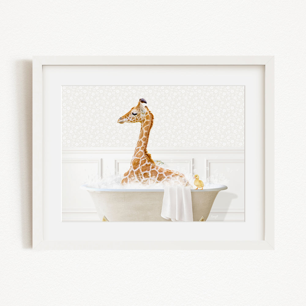 A giraffe sitting in a bathtub filled with bubbles, accompanied by a yellow duck.